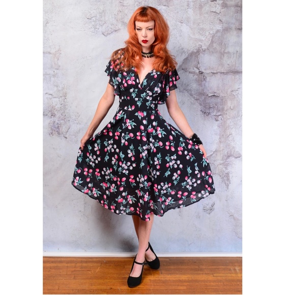 NEW Rockabilly Cherries print flutter sleeve dress - Picture 6 of 9